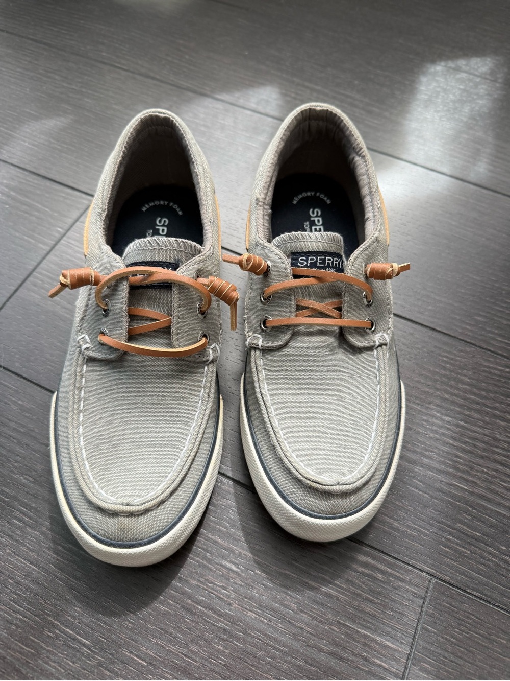 Sperry Gray Canvas Women's Boat Shoes with Tan Leather Laces